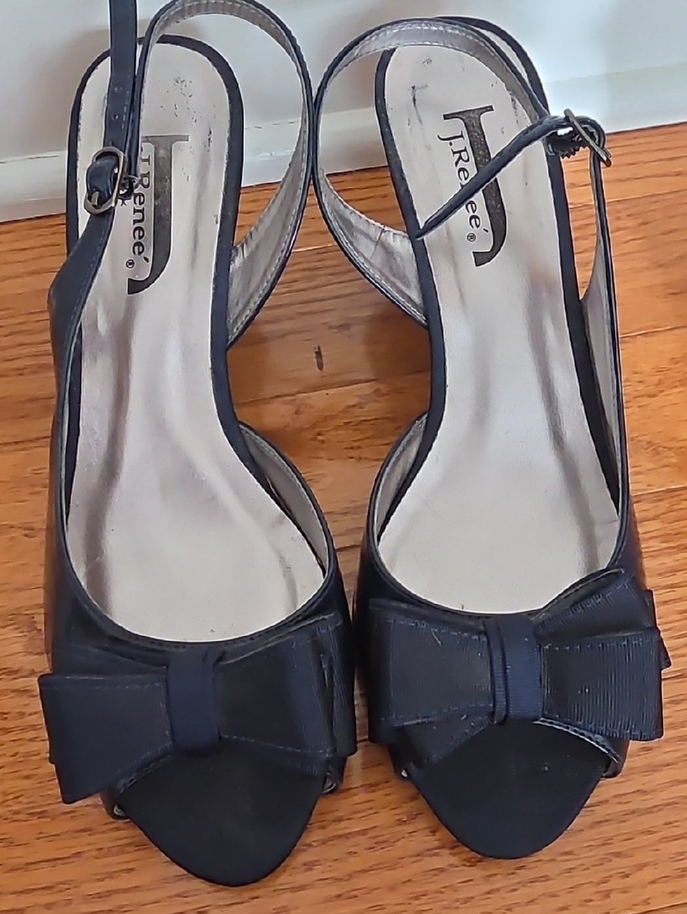 J.Renee Black Peep-Toe Slingback Heels with Bow